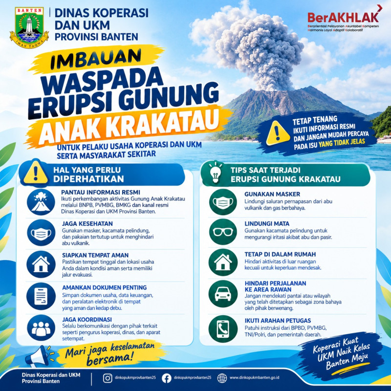 Bagi pelaku usaha koperasi dan UKM serta masyarakat sekitar, mari bersama-sama meningkatkan kewaspadaan terhadap aktivitas Gunung Anak Krakatau.